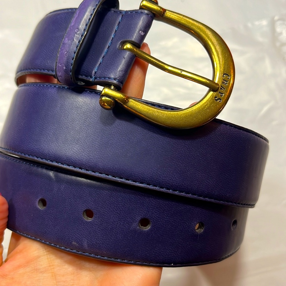 CHAPS BLUE 1.5” wide BELT 35-39”large career office golden rounded 2” buckle Lg